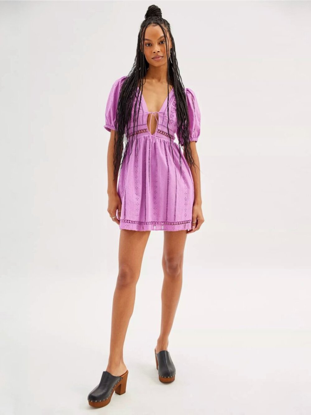 URBAN OUTFITTERS Marlee Purple 100% Cotton Eyelet Puff Sleeve Mini Dress, Size M